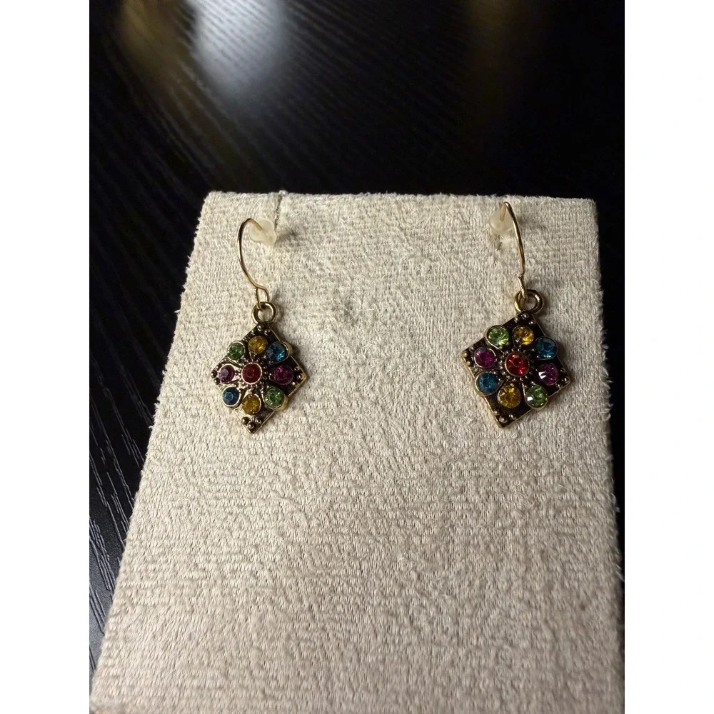 Multi-Color Rhinestone Diamond Drop Earrings Antiqued Gold Tone Boho Style